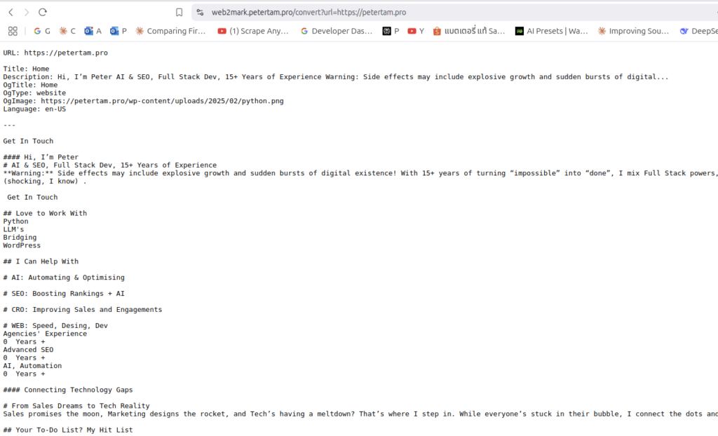API response example showing markdown conversion